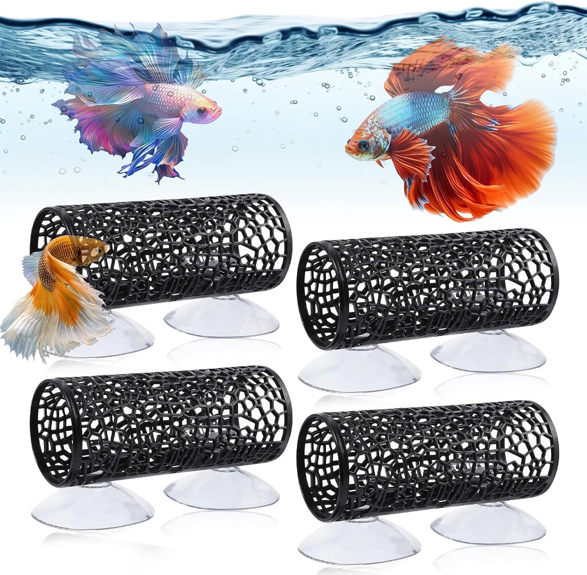 SnelShoppen - 4 Stuks Aquarium Tunnel met Zuignap, Betta Vis Schuilplaats, Garnalen Onderkomen, Decoratie voor Aquarium, 10 cm Lange Grot van Hoogwaar