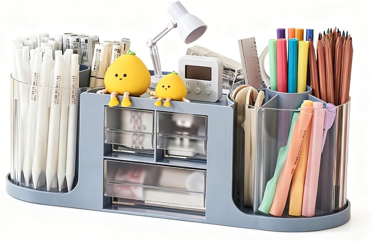 SnelShoppen - 360° Rotatable Pen Holder Desk Organizer - Dubbele Swivel Pennenhouder met 14 Compartimenten - Grote Capaciteit Pennenopberging - Blauw