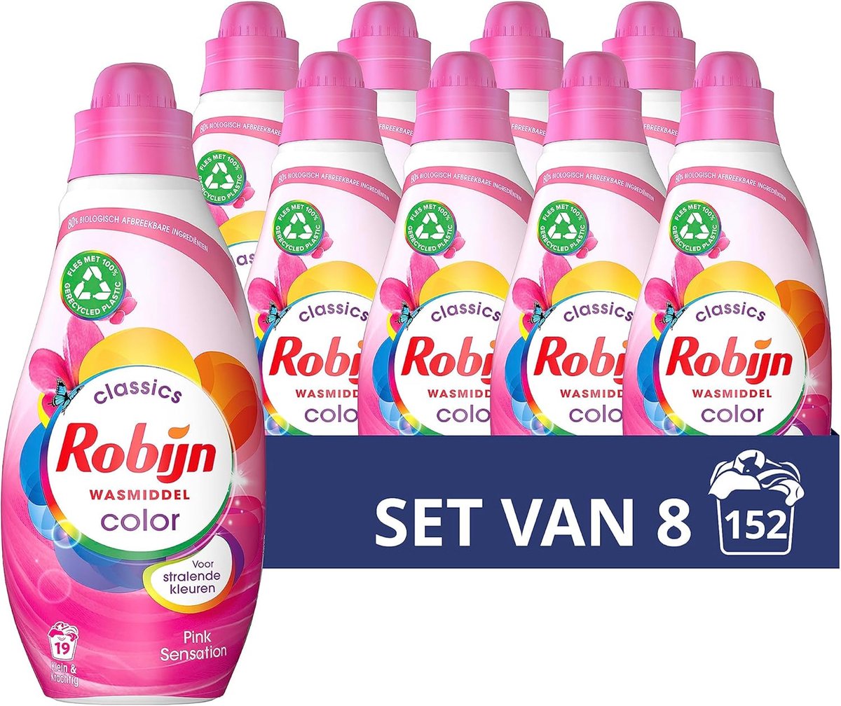 SnelShoppen - Kleurwasmiddel Vloeibaar 8 Flessen 665ML Robijn Klein & Krachtig voor Kleurige en Gemêleerde Was - 152 Wasbeurten - Roze Geur