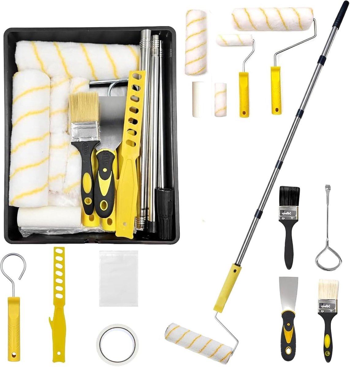 SnelShoppen - Paint Roller Set 17-delig - Professionele Verfrollers 23 cm en 10 cm, Verf Tray, Kwasten, Verlengstang 1,5 m - Drupvrije Set voor Muren