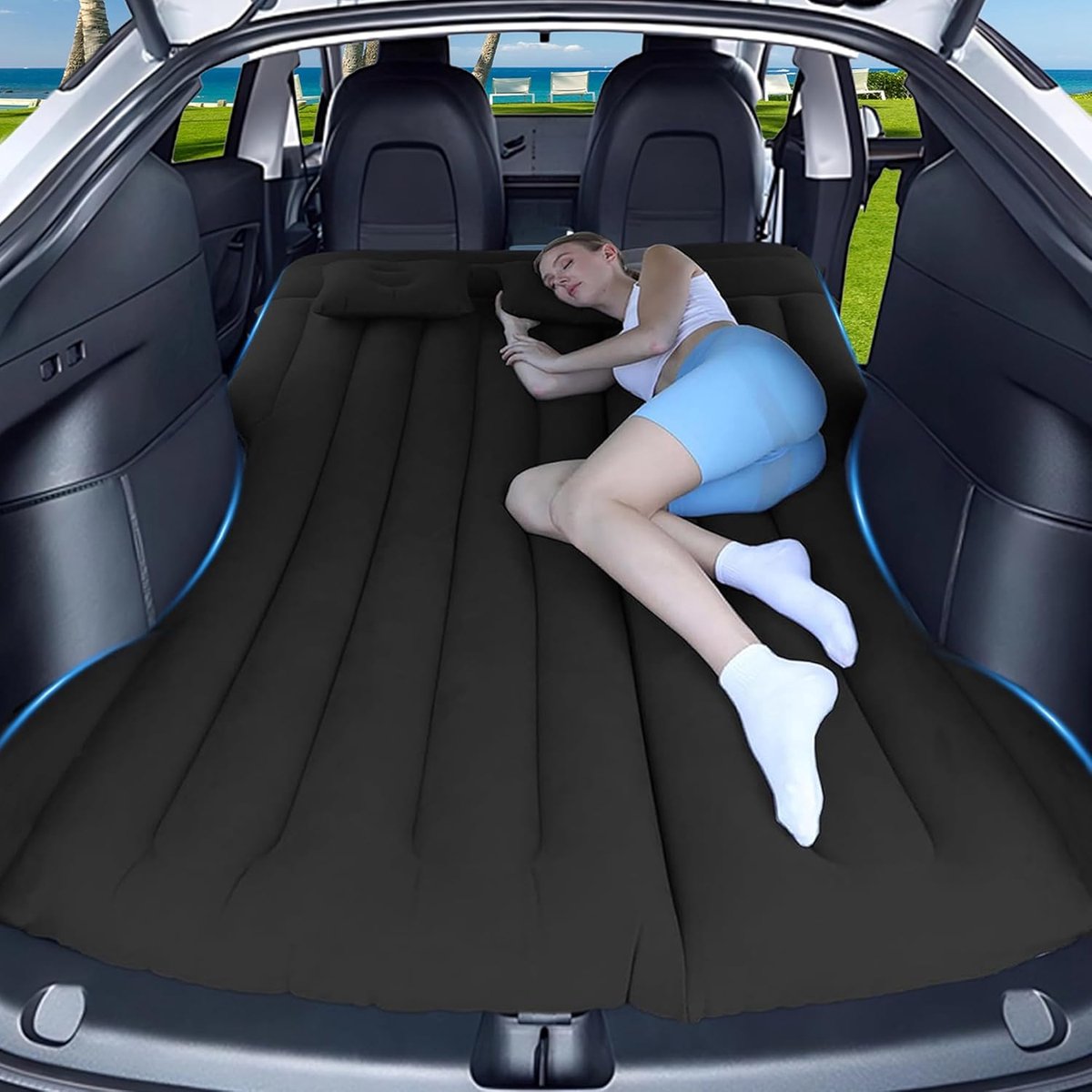 SnelShoppen - Car Air Mattress 195x130cm, Opblaasbaar Matras voor Model Y SUV, Camping, Reis, Zacht & Waterproof, Zwart, Ideaal voor Achterbank & Koff