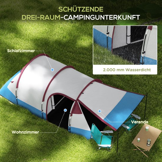 MIVRAY Tunneltent - 420 x 200 x 150 cm - 3 Personen met 2 Ruimtes en Voortent - Polyester - Rood - Waterafstotend Kamperen — afbeelding 3