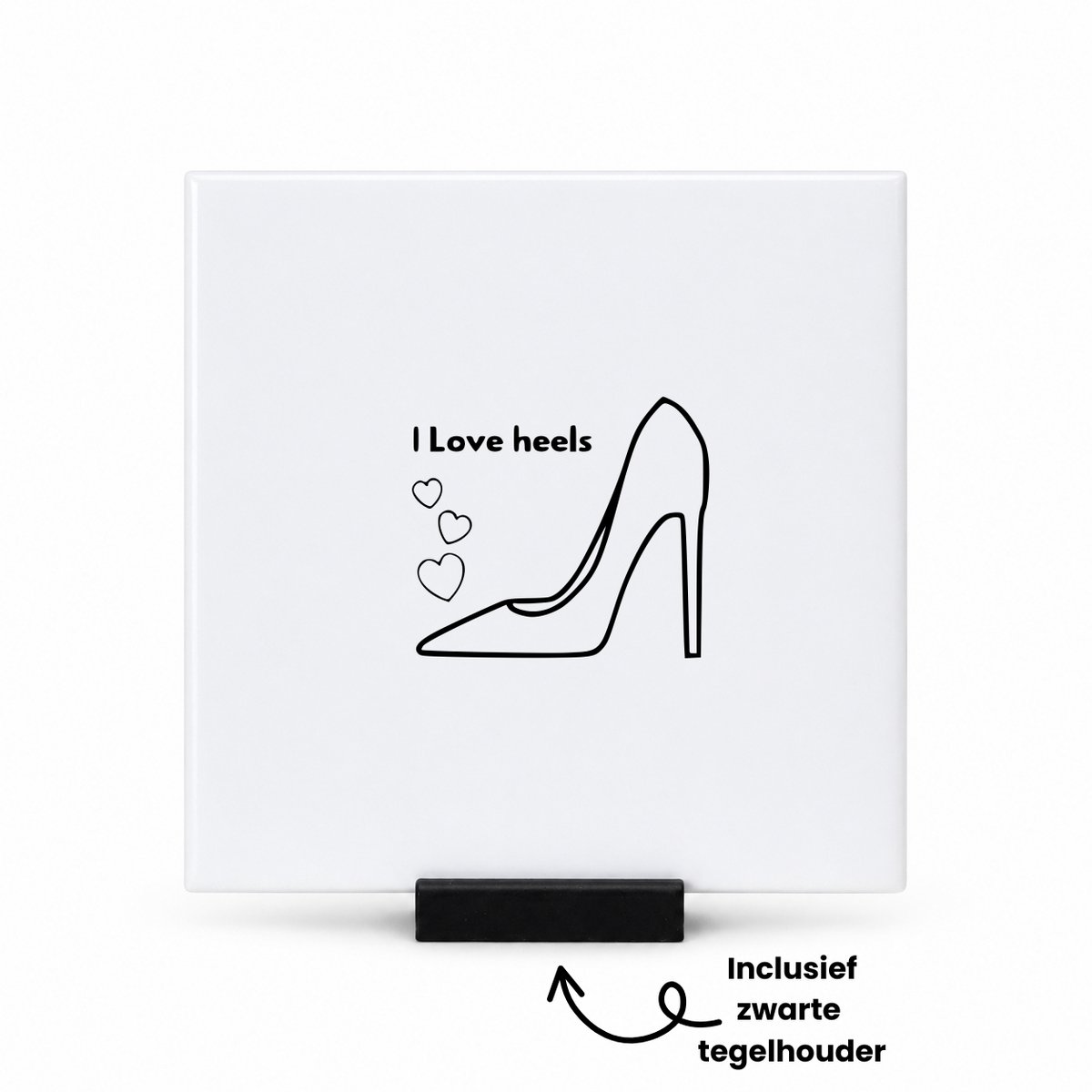 Hacebo Ik hou van hakken tegeltje met tegelhouder - Moeder - Leuk kado voor iemand die van hakken houd - tegeltjes met tekst - Hakken - schoenen - spreuktegels - 10.8x10.8 CM Wit