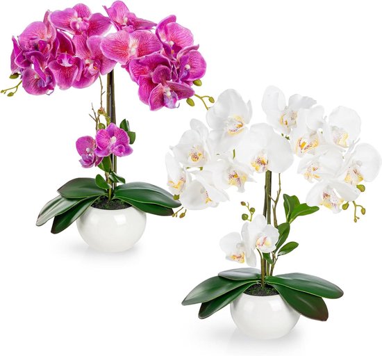 Kunstorchideeën Set - Nepbloemen Pot - Woonkamer Decoratie - Echt Keramiek - 40 cm - Wit Rosé
