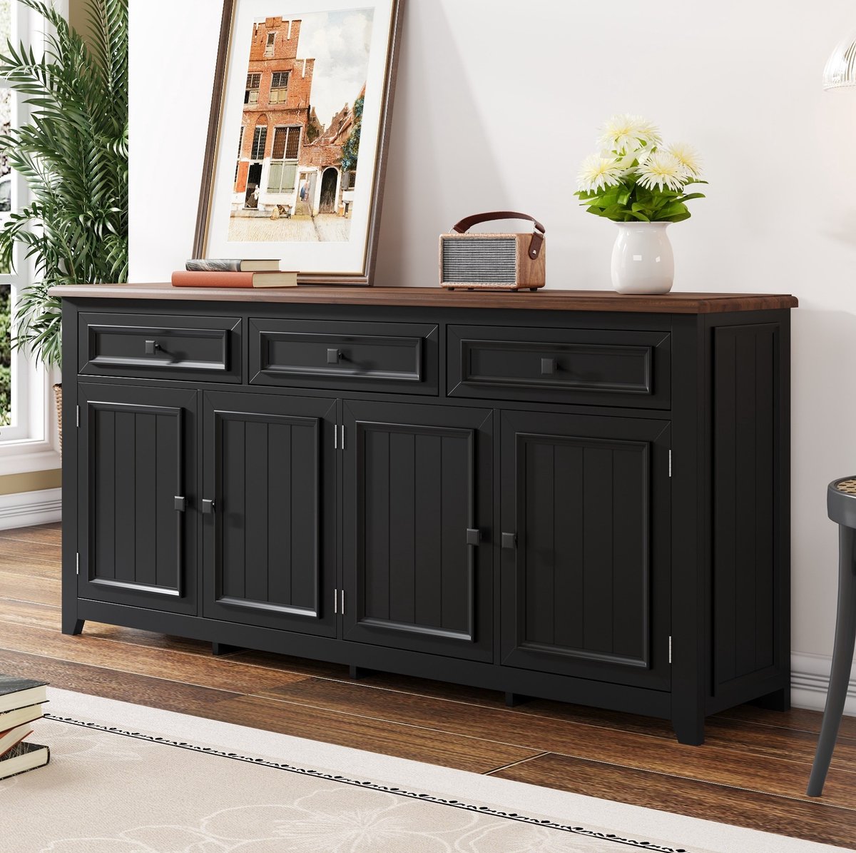 Wishdor - Dressoir - 3 lades en 4 deuren - verstelbare planken - modern Scandinavisch - woonkamer slaapkamer hal - houtlook zwart - 160 x 35 x 76 cm