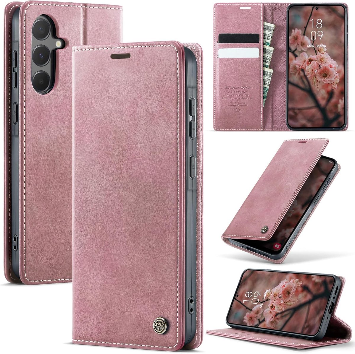 SnelShoppen - Premium PU-leer Klaphoes voor Samsung Galaxy A56 5G - Roze - Opvouwbare Beschermhoes met Kaartvak en Standfunctie - Duurzame TPU Binnenz