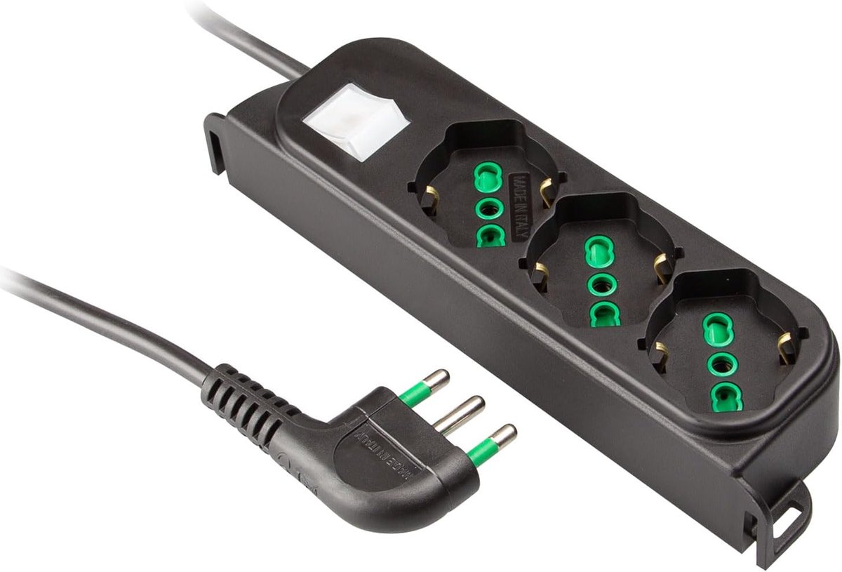 SnelShoppen - Stekkerdoos met 6 Aansluitingen, Schuko Italiaans, Euro Plug, 1.5m Kabel, 16A, Lichtschakelaar, Max 3500W, Zwart voor Thuis, Kantoor, Ca