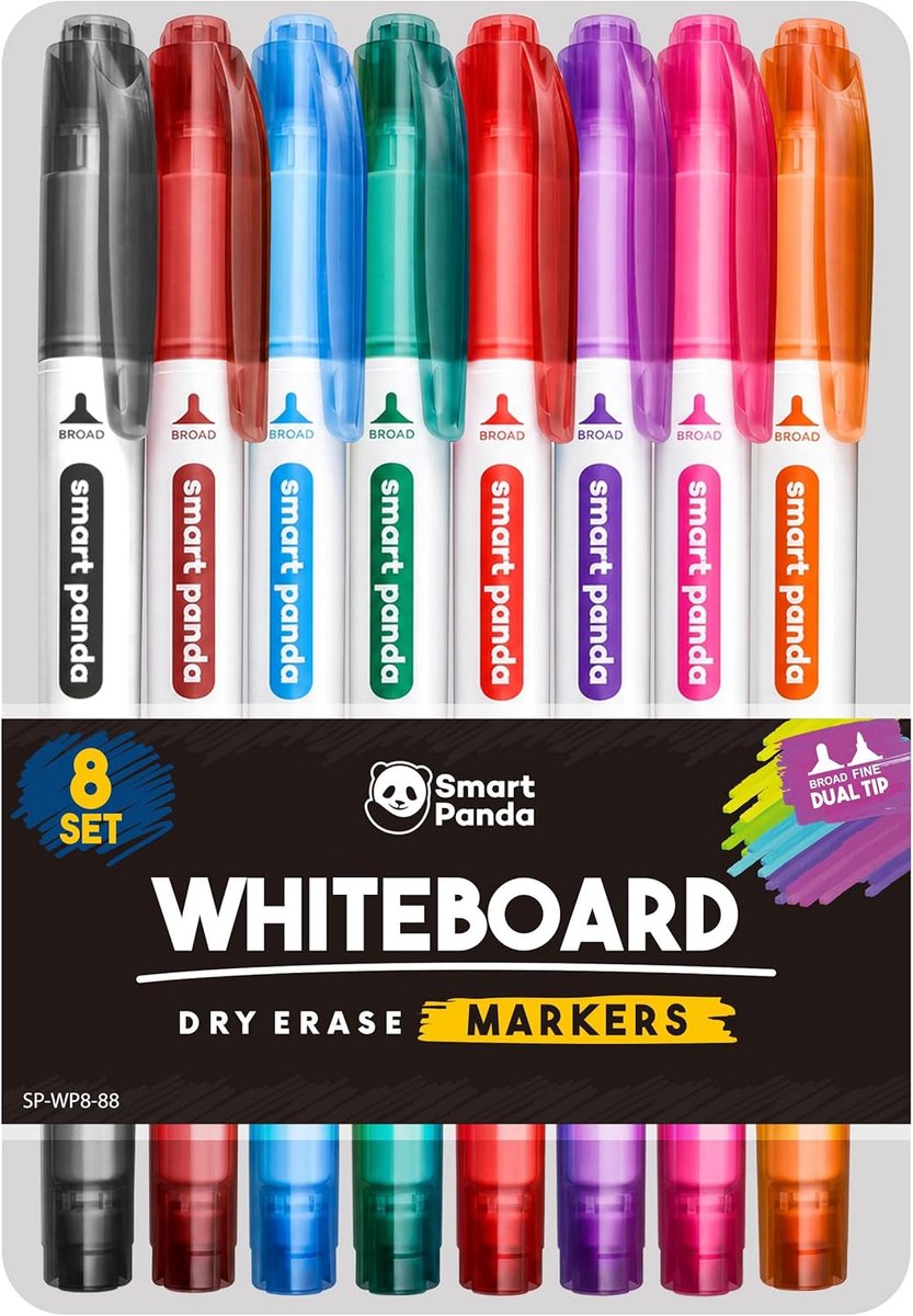 SnelShoppen - 8 Smart Panda Whiteboard Markers - Dubbelzijdige viltstiften met fijne en medium punt - Droog uitwisbare stiften in 8 levendige kleuren