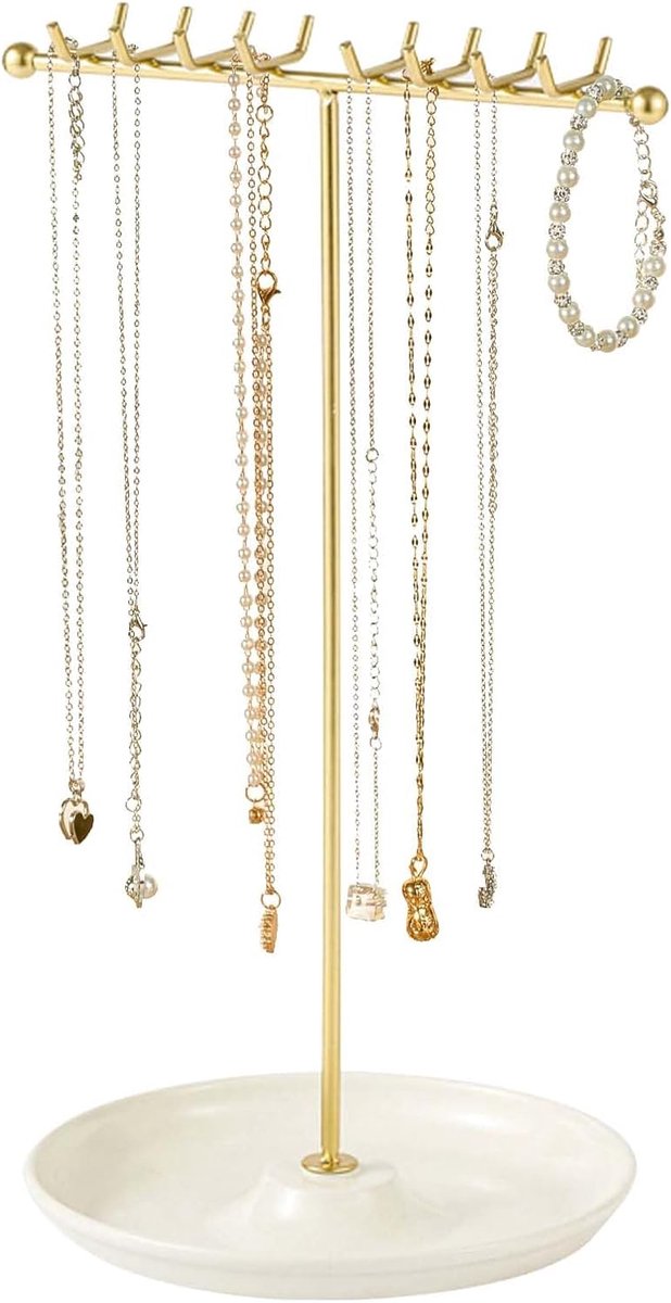SnelShoppen - Elegante Jewelry Stand met Ceramische Basis, 16 Haken voor Kettingen, Armbanden, Oorbellen en Ringen, Verwijderbare Sieraden Organizer v
