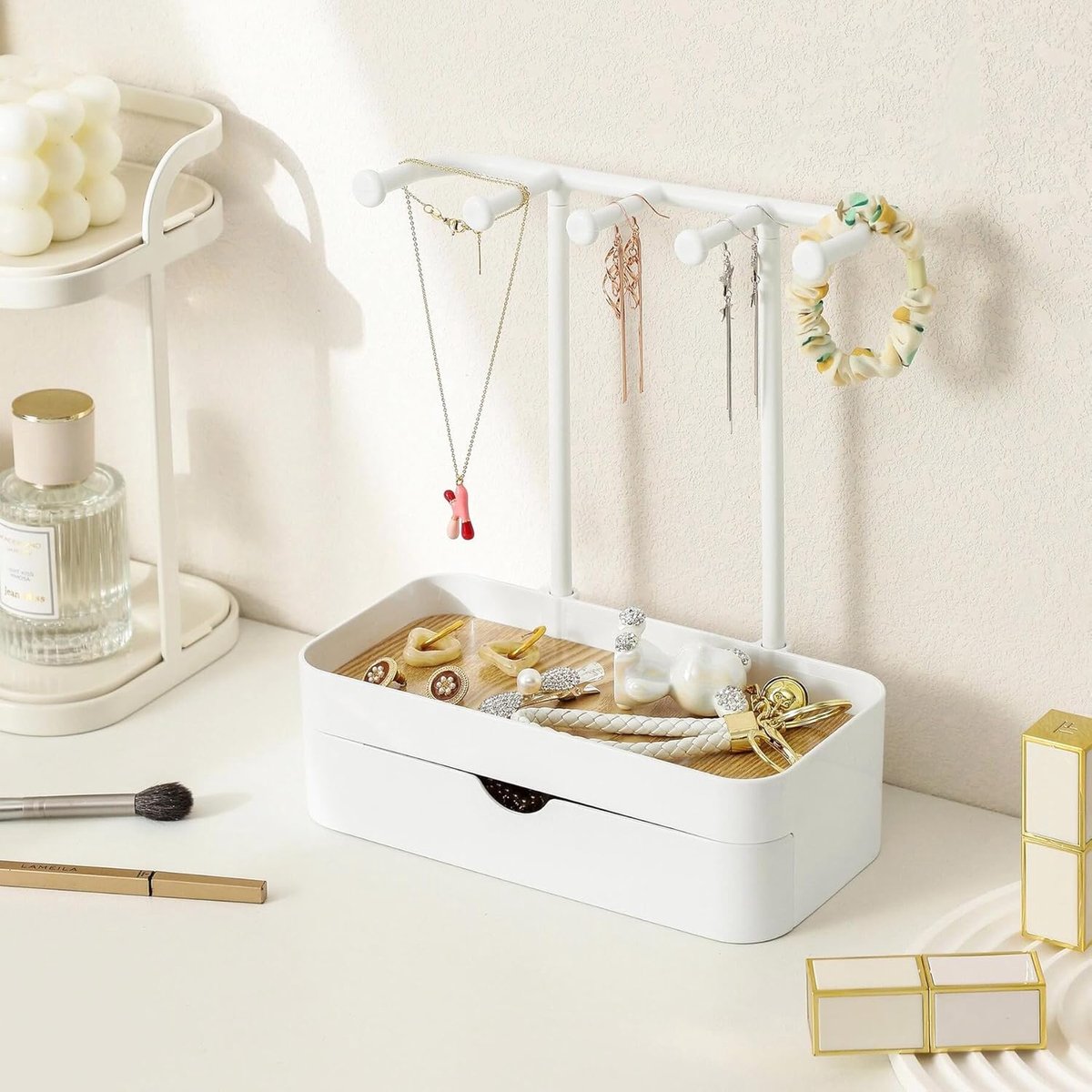 SnelShoppen - Elegante Witte Sieradenstandaard met Lades, Houten Basis, Compacte Organizer voor Sieraden, 5 Haken voor Kettingen en Armbanden, Perfect