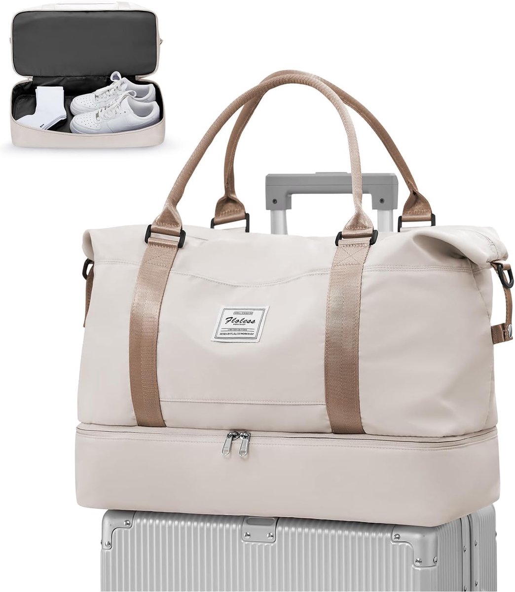 SnelShoppen - Travel Bag Vrouw EasyJet Cabin Luggage 45x36x20cm Weekendtas voor Vrouwen en Mannen Met Schoencompartiment Waterdicht Beige met Bruin