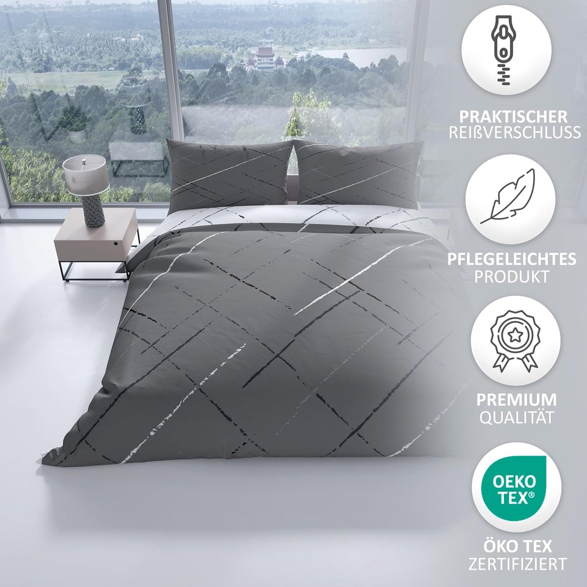 SnelShoppen - Beddegoed Set 200x200 cm, Katoen, 4 Seizoenen, Streep Design, Grijs, Omkeerbaar met Ritssluiting, Inclusief Kussensloop 80x80 cm, Ademen