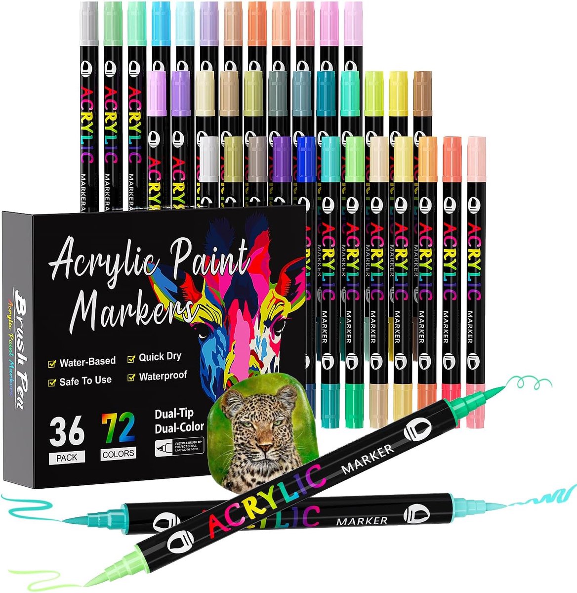 SnelShoppen - Acrylic Paint Pens 72 Kleuren - 36 Stuks Dubbele Tips - Verf Markers voor Rock Painting, Glas, Keramiek, Hout, Metaal, Stof - Waterbasis