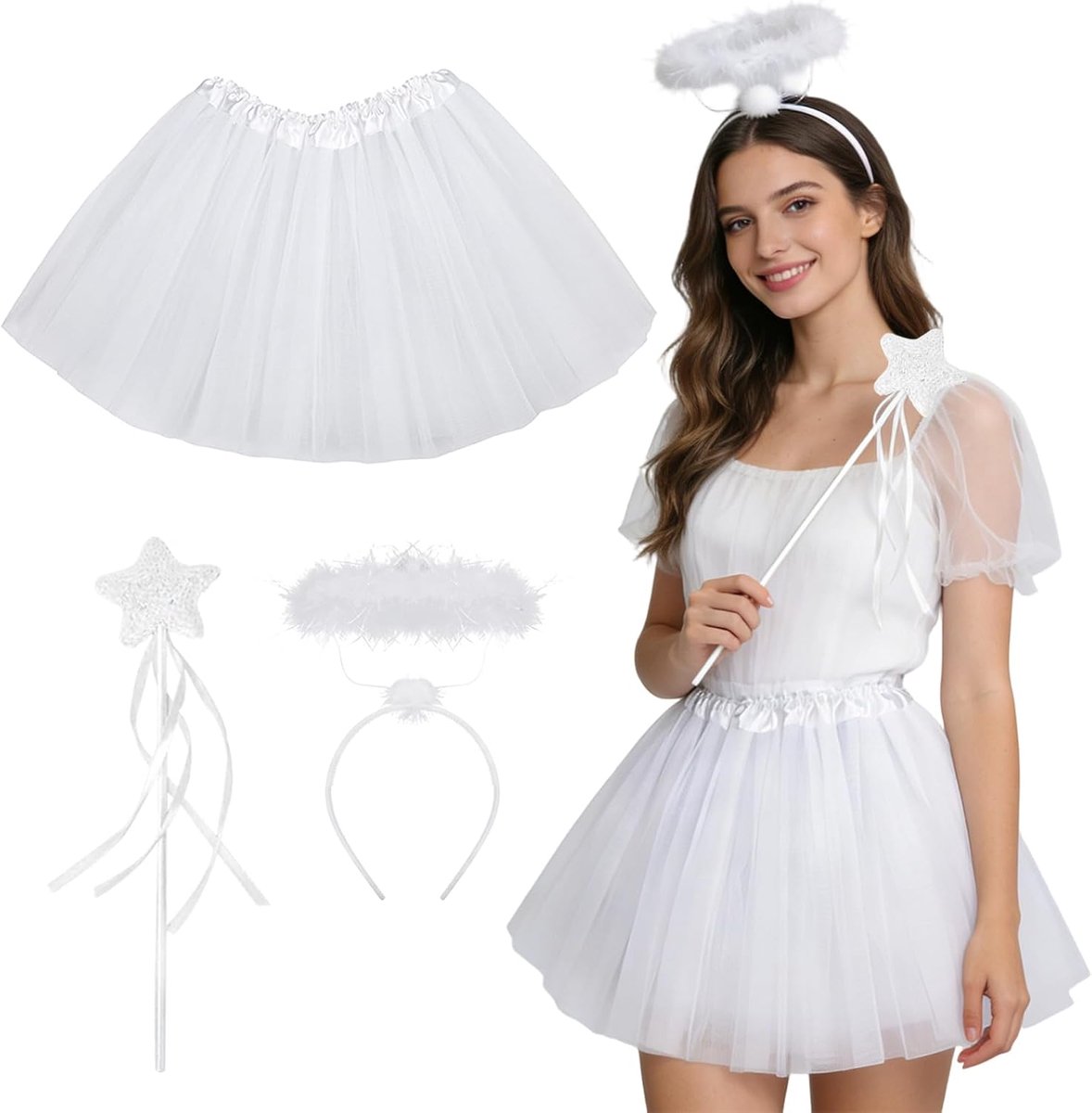 Children's Angel Costume with Halo Headband Magic Wand White Tutu Skirt for Kids Halloween Carnival Cosplay Party - ShopVlot