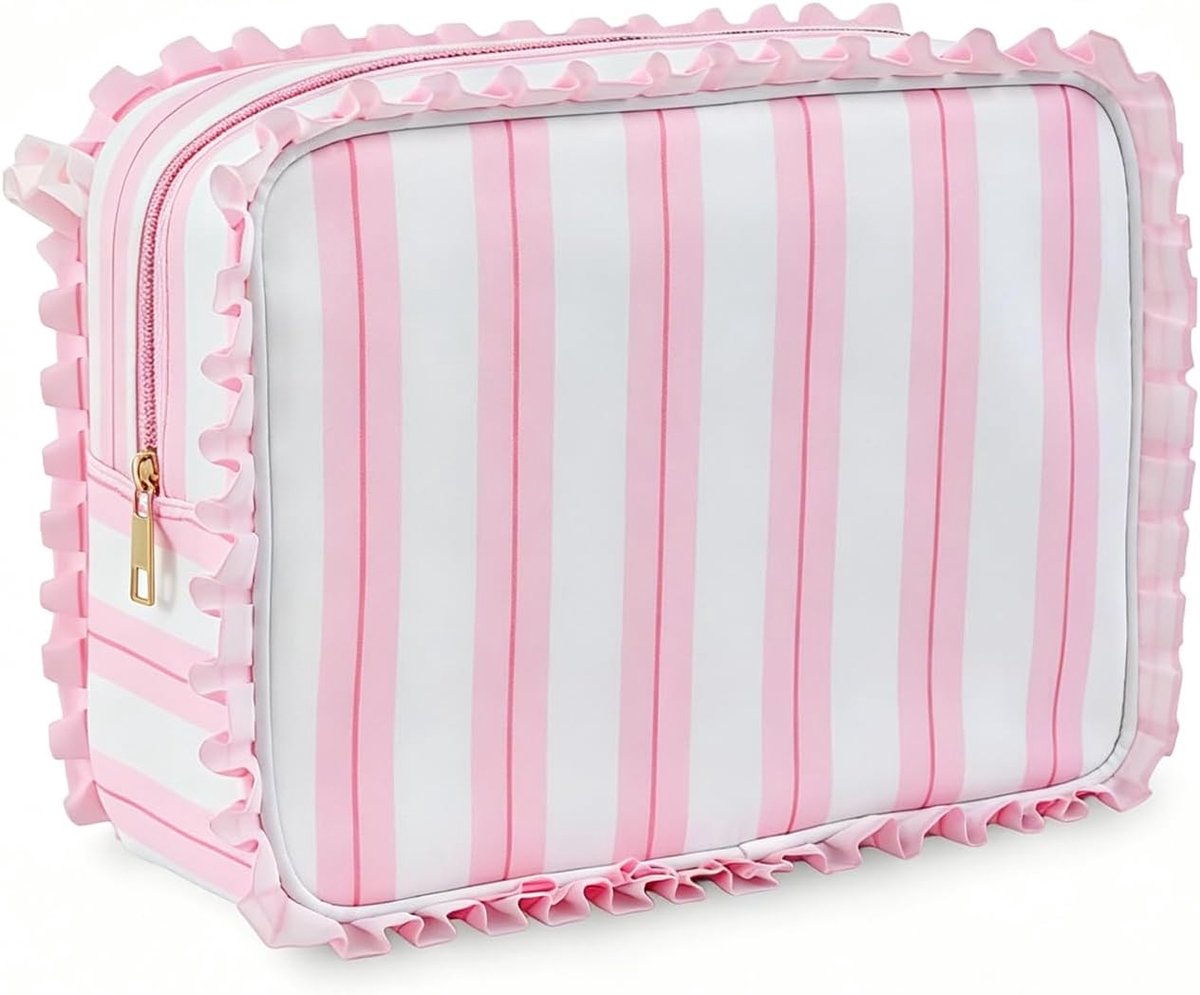 Cosmetica tas groot - velvet glow met ruffles - roze strepen - stijlvol en praktisch - ShopVlot