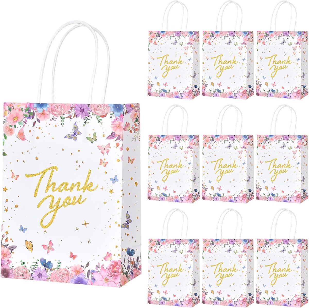 Geschenkzakjes 10 stuks - Kraftpapier 15 x 8 x 21 cm - Herbruikbaar met bloemen en vlinders - ShopVlot