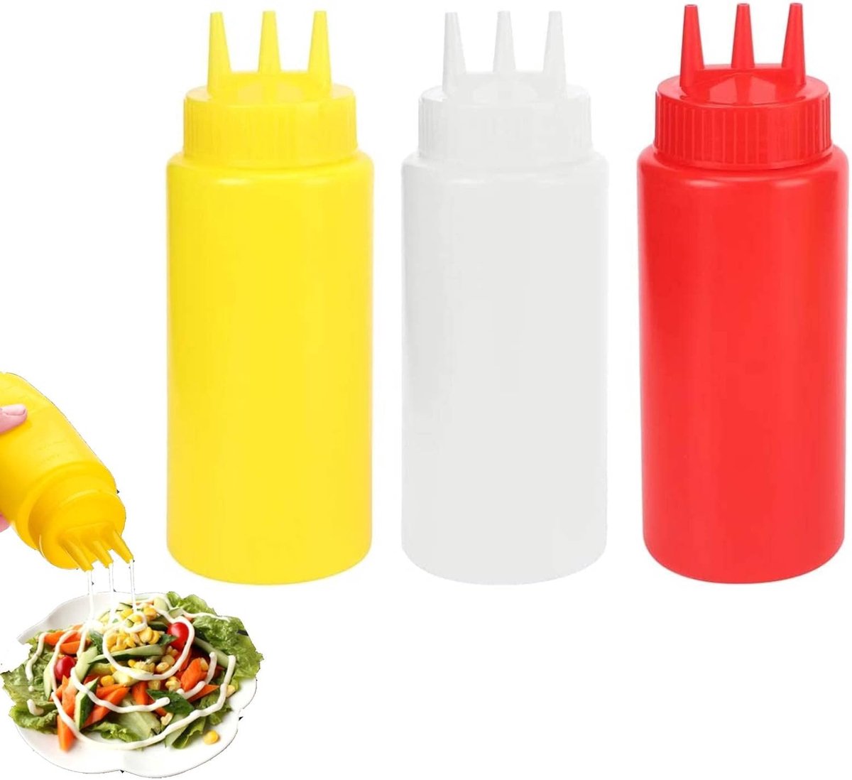 Squeeze fles voor sauzen - 3 gaten ontwerp - plastic - perfect voor ketchup en olie - ShopVlot