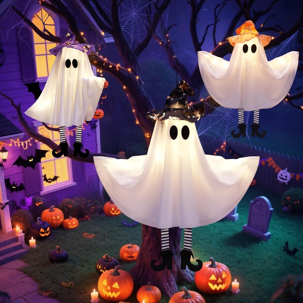 Halloween-deco lichtgevende geest en heksenhoed - warmgeel licht - gaas - sfeervolle decoratie voor feest - ShopVlot