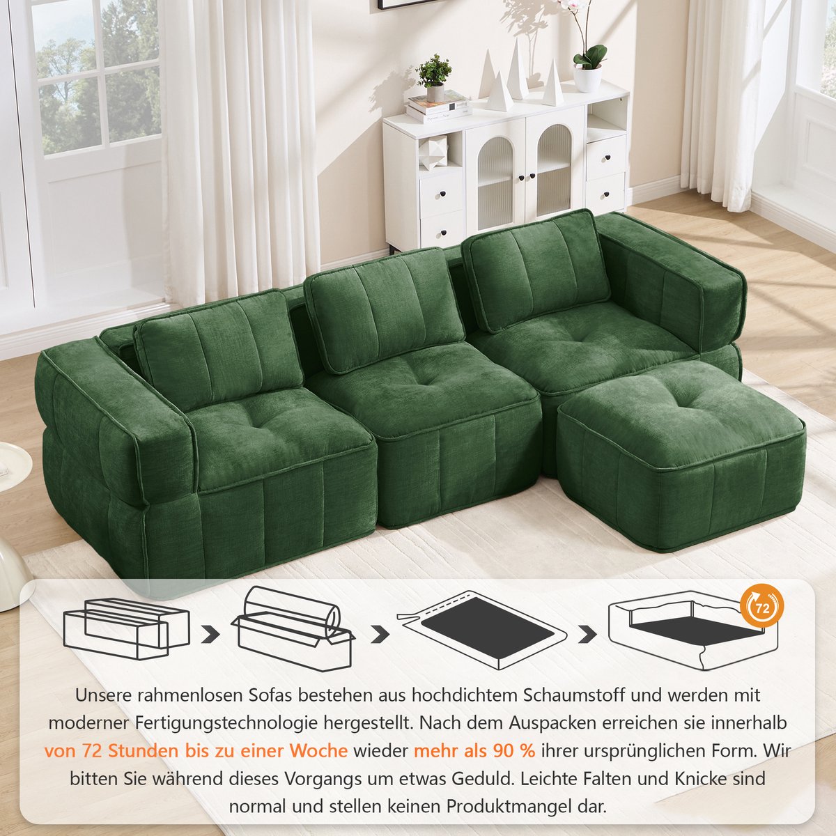OKWISH Hoekbank 3-Zits - Frameloos Modulaire Bank Met 1 Hocker En 32D Schuim - L-Vormig Met Brede Armleuningen Voor Woonkamer - Polyester - Groen