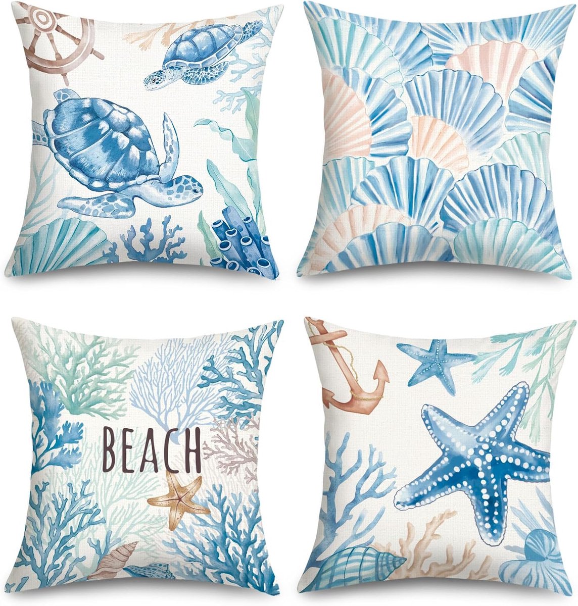 Cushion Covers for Sofa 45 x 45 cm Set of 4 Coral Ocean Coast Summer Pillow Case Cushion Cover Starfish Shell Square - ShopVlot