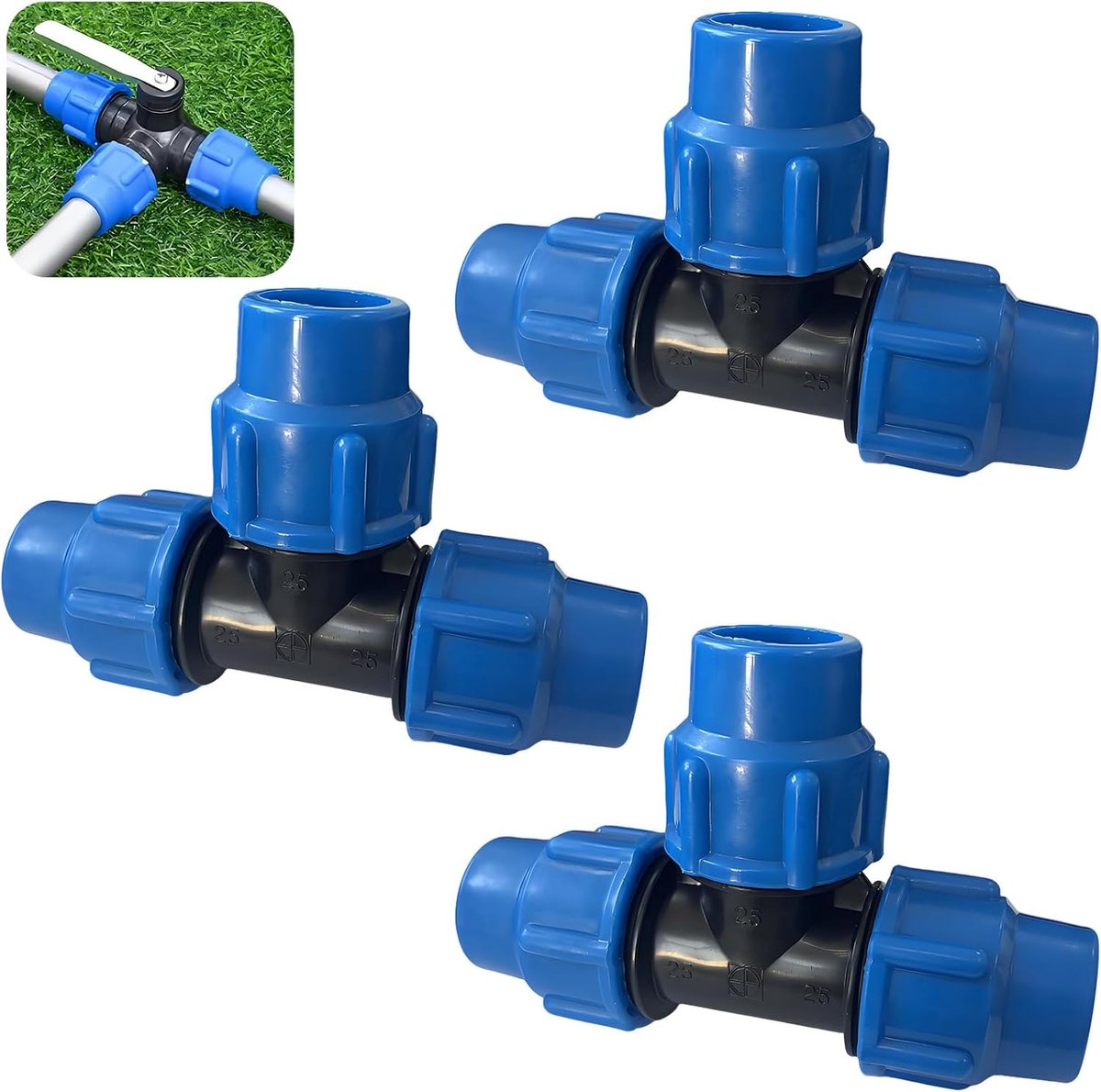T-stuk PE buisfitting 25 mm - DVGW-gecertificeerd - verpakking van 3 stuks - ideaal voor irrigatiesystemen - ShopVlot