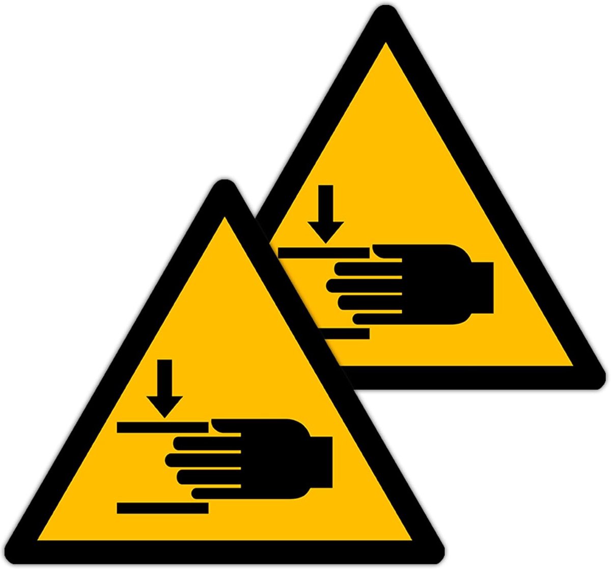 Gevarenschild pinching - gele driehoekige stickers - 150 mm - waterdicht en chemisch bestendig - ShopVlot