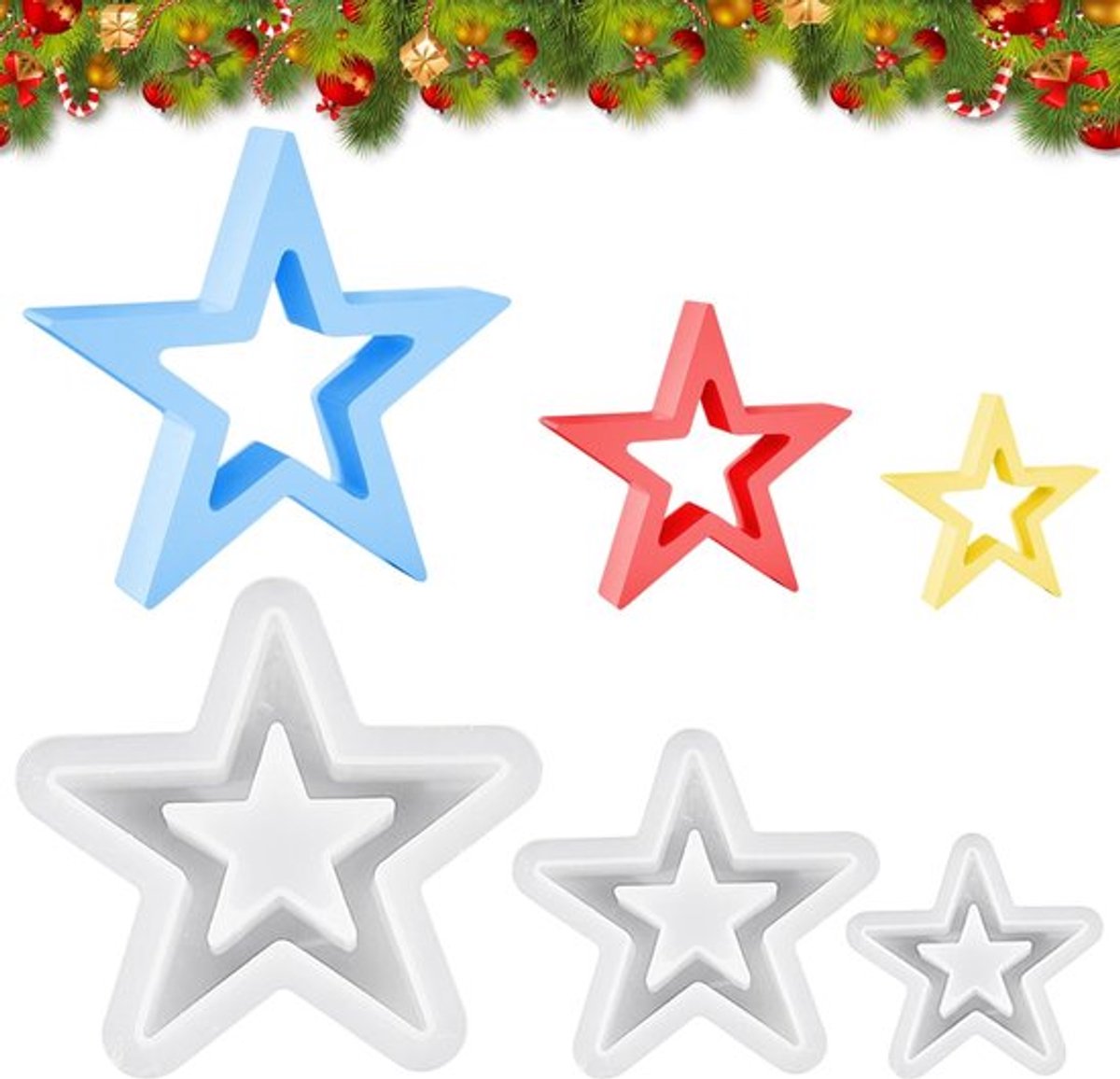 Siliconen Vorm - 3 Stuks - Gietvorm Kerstmis - Sterren - Doe-Het-Zelf - Kaarshouder voor Kerstdecoratie