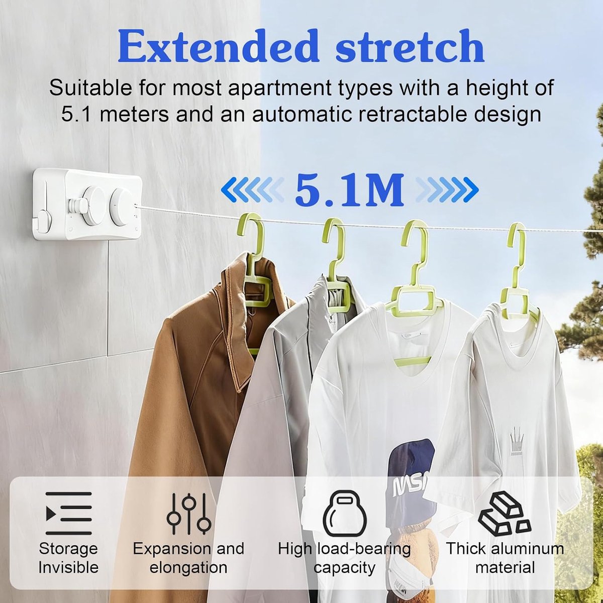 Retractable clothesline 5.1m - RVS dubbel touw - verstelbare spanknop - ideaal voor binnen en buiten - ShopVlot
