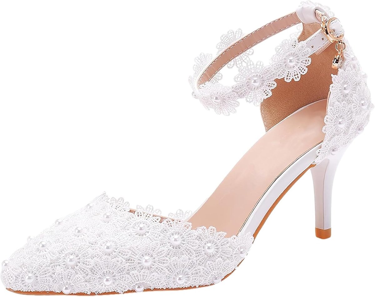 Dames elegante puntige stiletto hakken 40.5 EU - enkelbandje - bloemenkant en parels - perfect voor bruiloften - ShopVlot