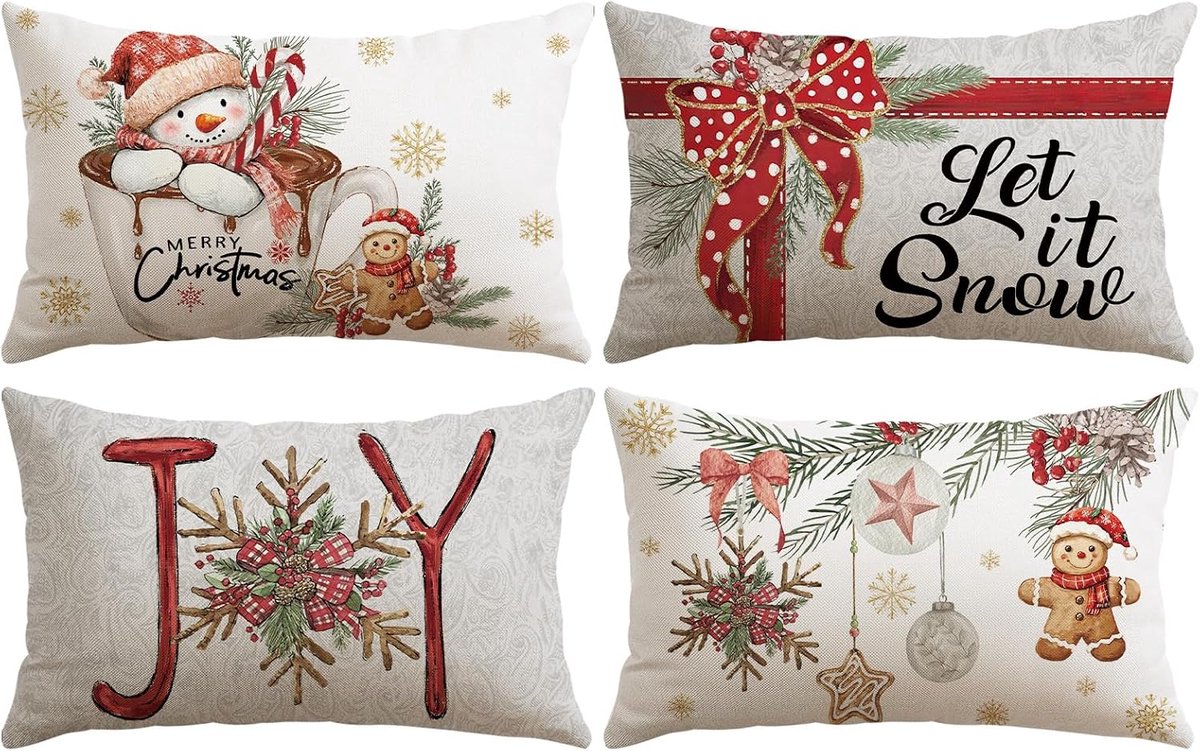 Kussensloop set van 4 - 40x60 cm - rood - winterthema met sneeuwman en peperkoekman - perfect voor kerstdecoratie - ShopVlot