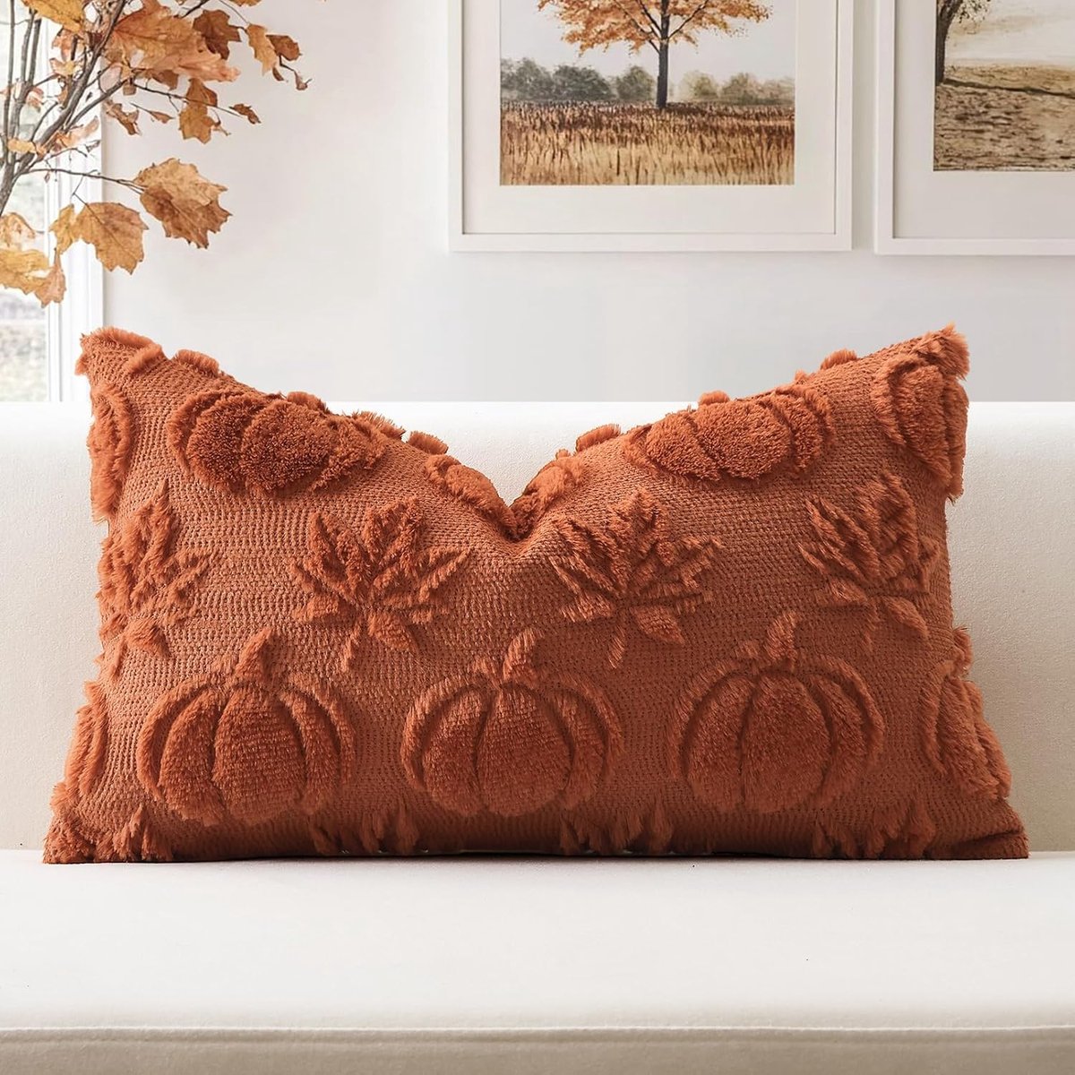 Kussensloop 40 x 60 cm - Zacht pluche - Pompoen en esdoornbladeren - Herfstdecoratie voor bank - ShopVlot