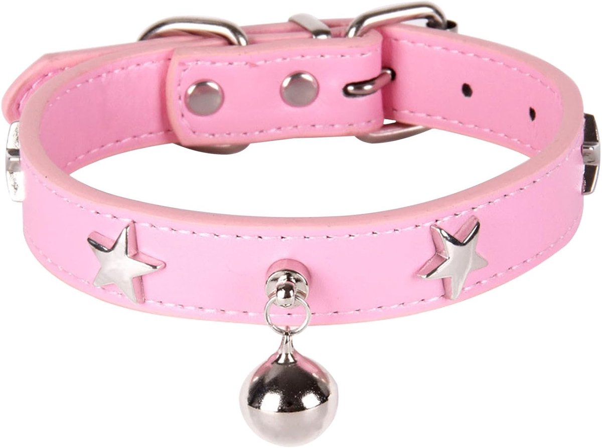 Hondenhalsband XS - Kunstleer - Roze met ster en bel - Comfortabel en uniek - ShopVlot