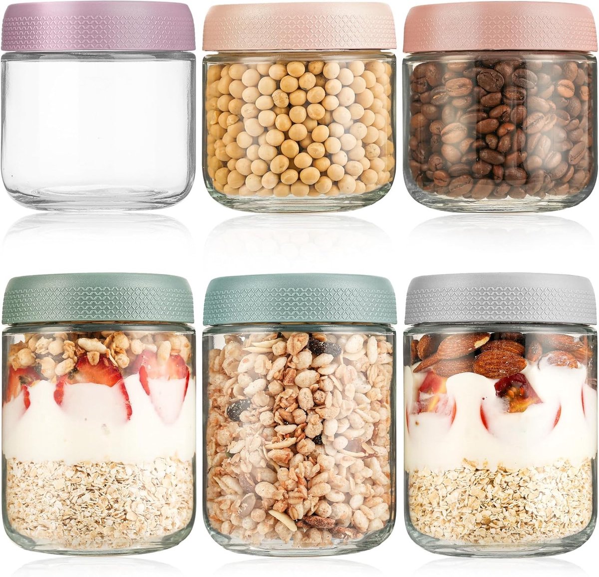 Set van 6 glazen potten voor overnight oats, ideaal voor salades, yoghurt en jam, met schroefdeksel voor maaltijdvoorbereiding