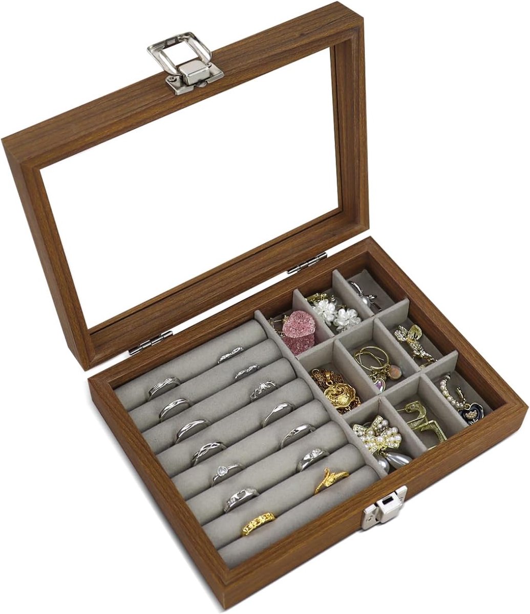 Jewelry Box for Women, Wooden Jewelry Organizer Storage Case with Glass Lid, Soft Lining Jewelry Display Holder with - ShopVlot