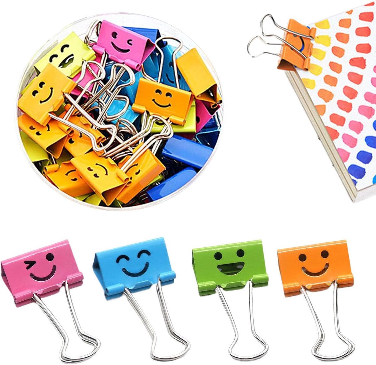 Vouwklemmen 25mm - Kleurrijke smiley metalen clips - Voor documentorganisatie - Maak archiveren leuker - ShopVlot