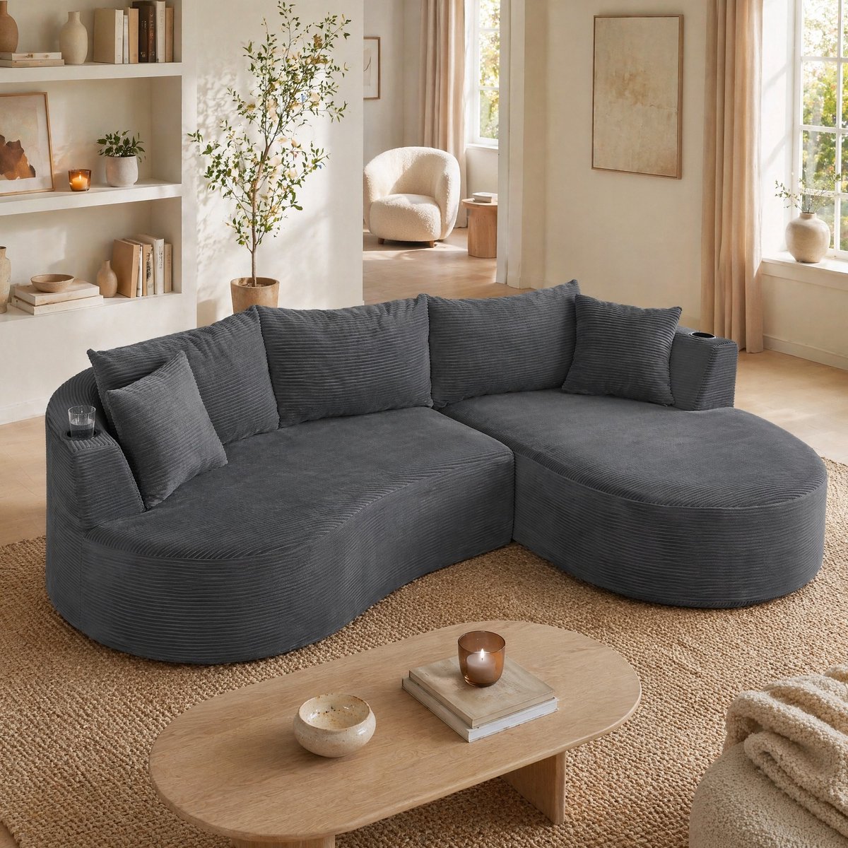 DESMIU Hoekbank 3-Zits - Rechte Chaise Longue - Modern Golfvormig Design Met Bekerhouders En Kussens - Voor Woonkamer, Hotel, Appartement En Kantoor - Stof - Grijs