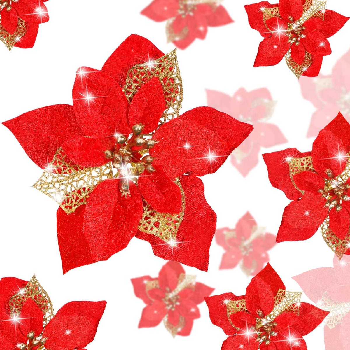 Kerstdecoratie Kunstbloemen 24 Stuks - Glitter Poinsettia - Diverse Maten - Perfect voor Kerstboom en Bruiloft - ShopVlot
