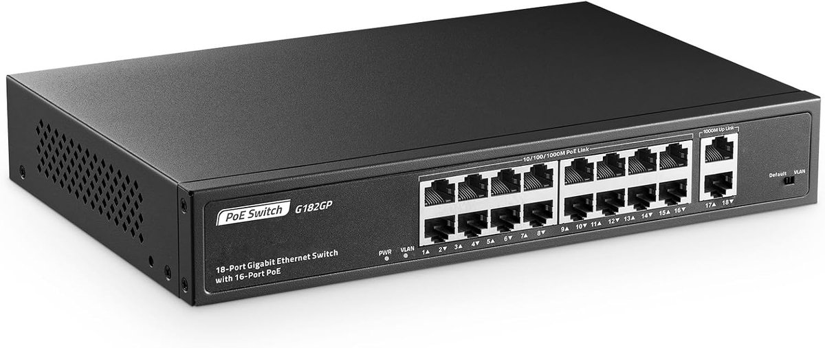 Gigabit PoE Switch 18 Poorten - 16 Gigabit PoE+ - 2 GE Uplink - Onbeheerd Plug & Play - ShopVlot