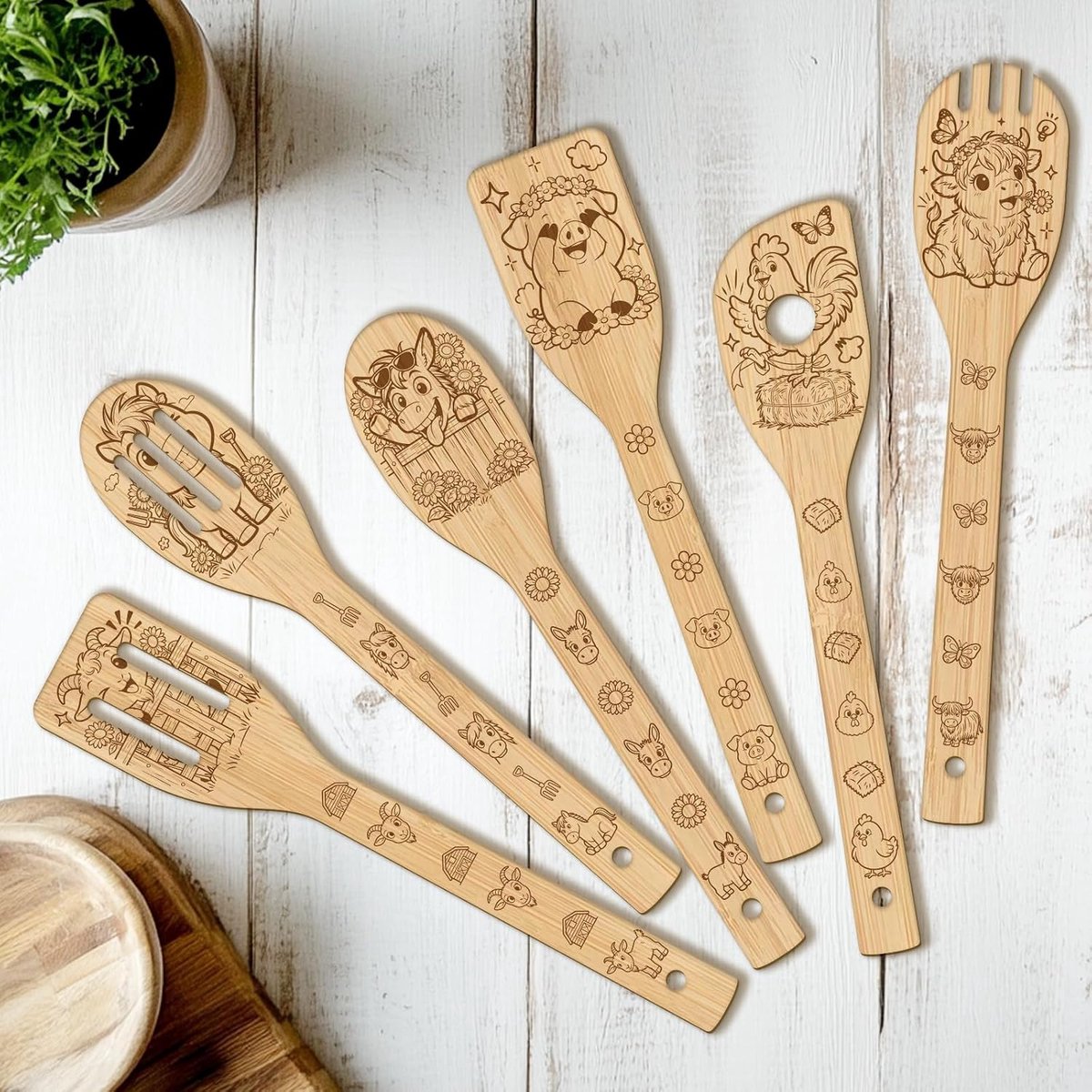 Houten lepels set 11" x 2.4" - grappige boerderijdieren patroon - uniek ontwerp - perfect voor koken - ShopVlot
