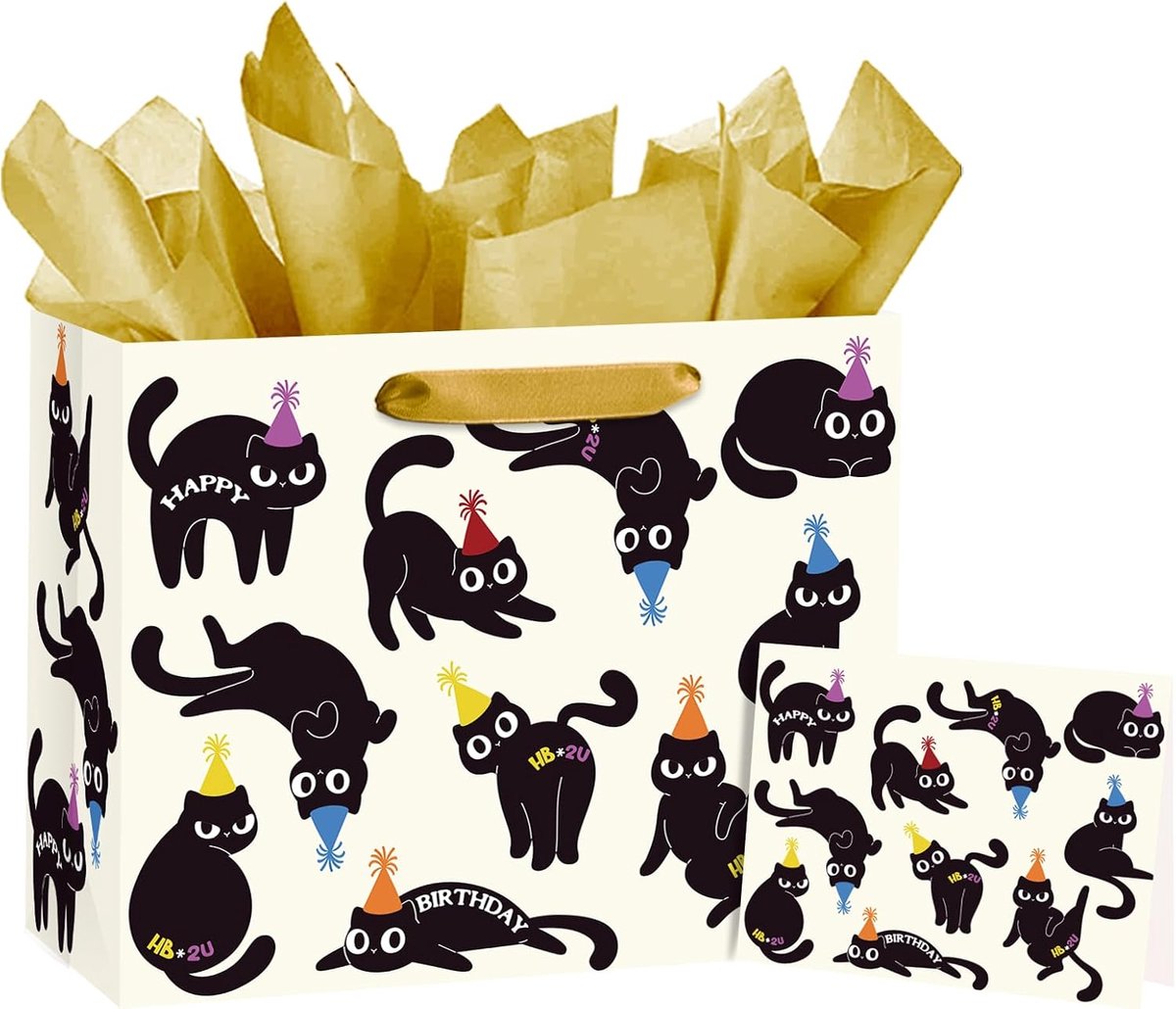 Verjaardagscadeauzak katten 33 cm - zwart met schattig design - incl. zijdepapier en wenskaart - ShopVlot