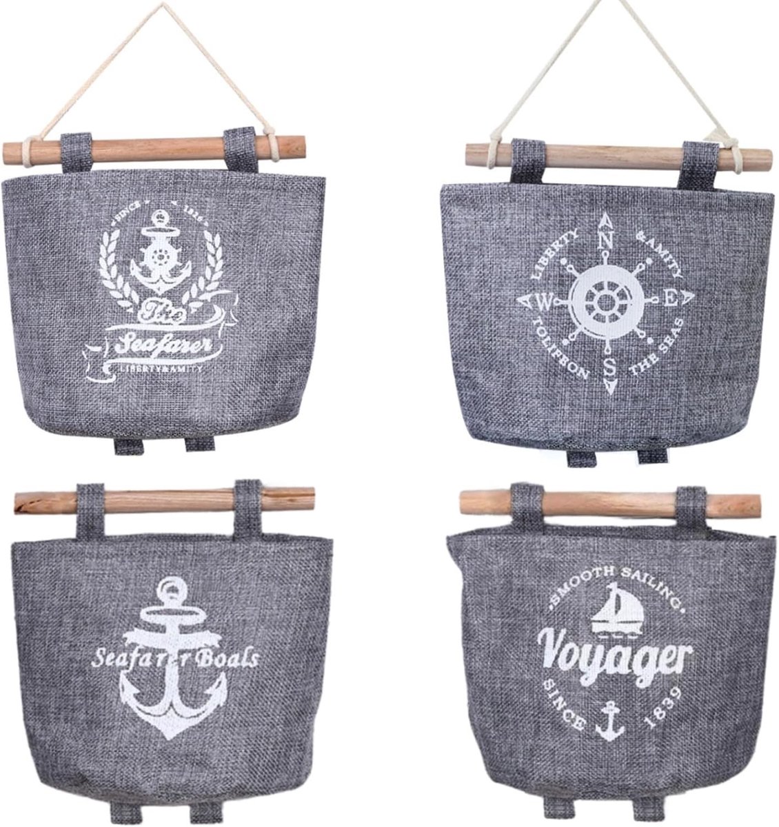4 Stuks Hangorganizer - Hangende Opberger - Wandorganizer - Opbergtassen - Hangende Kledingkast - Wandtas - Over De Deur Hangende Wandorganizer - Hangtas - Wandmand - Stof - maritieme stijl - 17*18cm - grijs