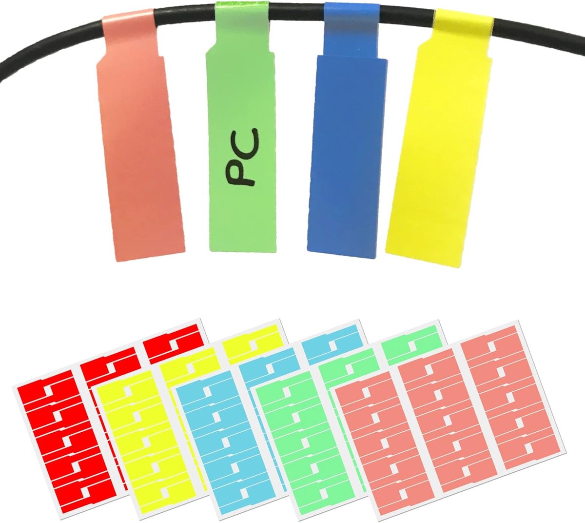 Kabellabels stickers A4 - 150 stuks - 5 kleuren - waterproof en scheurbestendig - ideaal voor laserprinters - ShopVlot