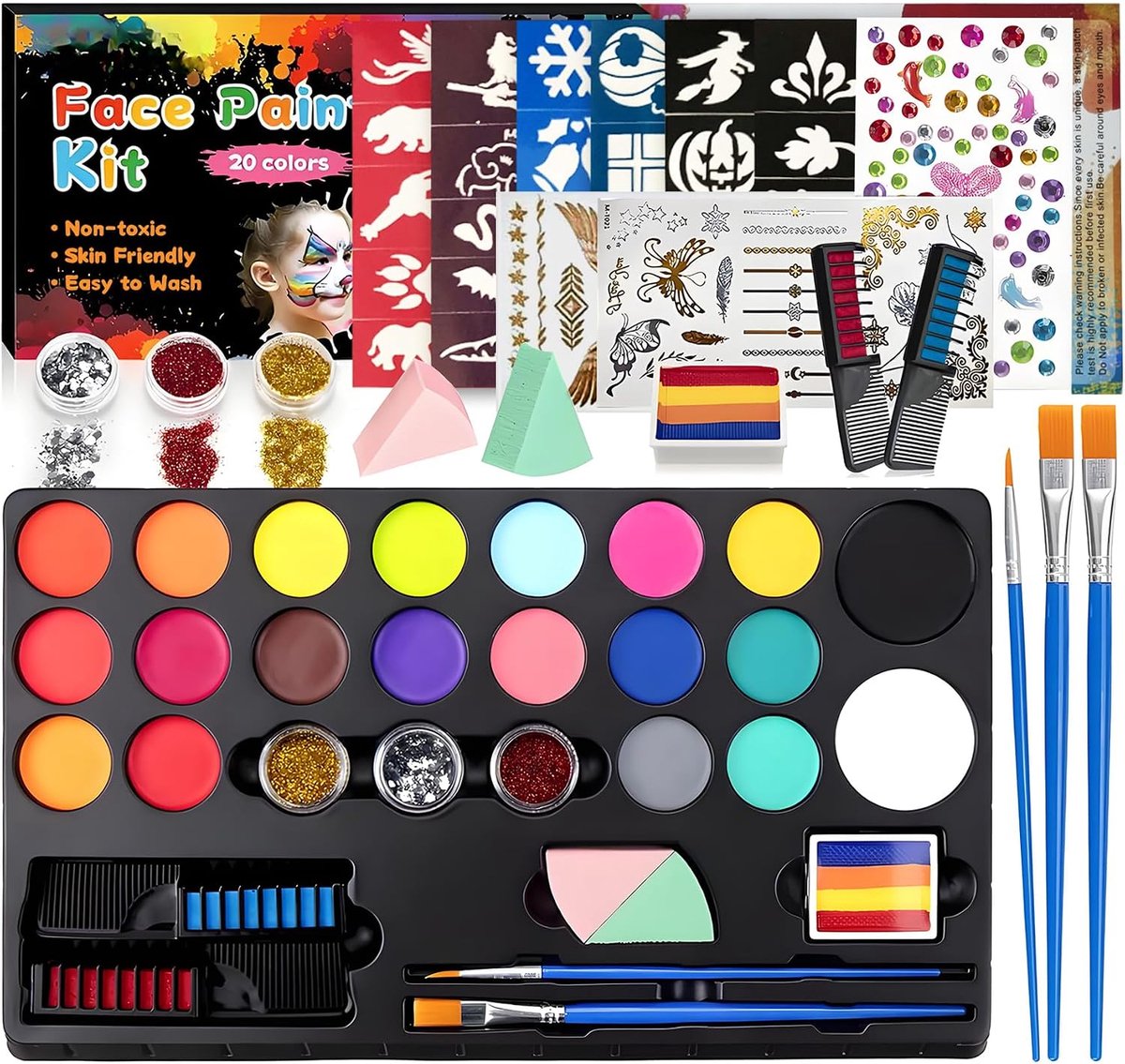 Gezichtsschilderen set voor kinderen - 20 kleuren inclusief glitter sjablonen - veilig en wasbaar - ShopVlot