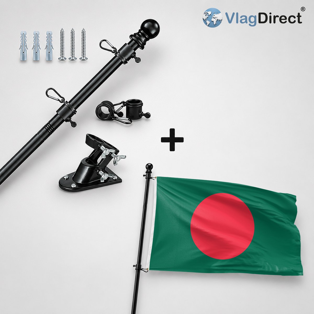 VlagDirect - Compleet vlaggenpakket - Zwarte vlaggenstok inclusief vlaggenstokhouder + Bengaalse vlag - Bangladesh vlag - 90 x 150 cm.