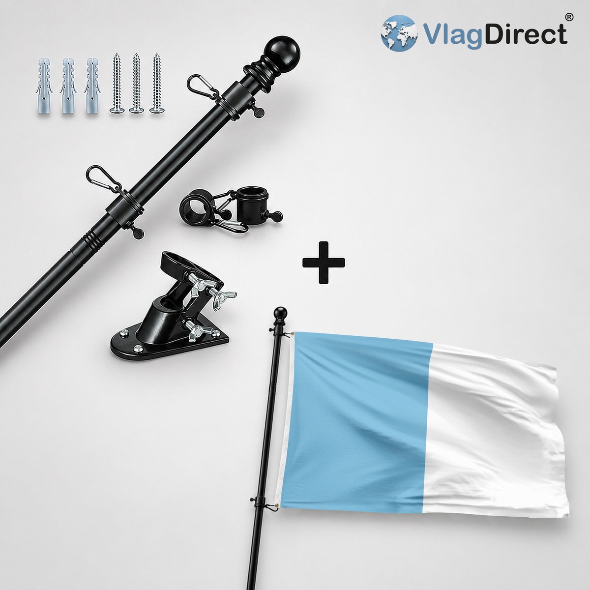 VlagDirect - Compleet vlaggenpakket - Zwarte vlaggenstok inclusief vlaggenstokhouder + Ukkelse vlag - Gemeente Ukkel vlag - 90 x 150 cm.