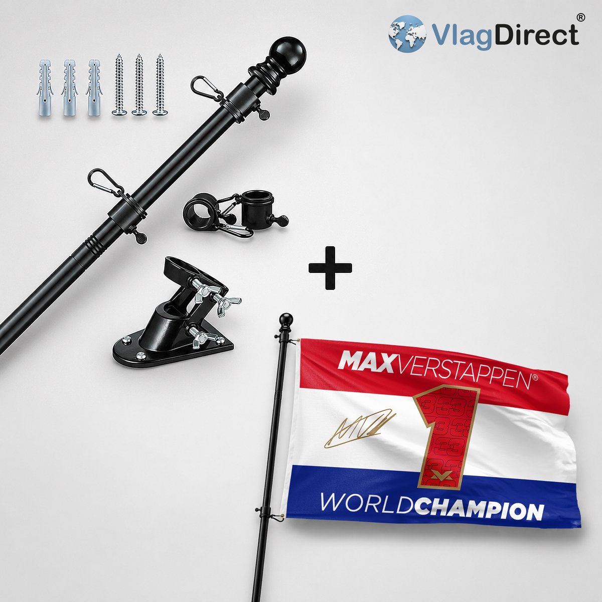 VlagDirect - Compleet vlaggenpakket - Zwarte vlaggenstok inclusief vlaggenstokhouder + Max Verstappen vlag - Formule 1 Nederland vlag - 90 x 150 cm.
