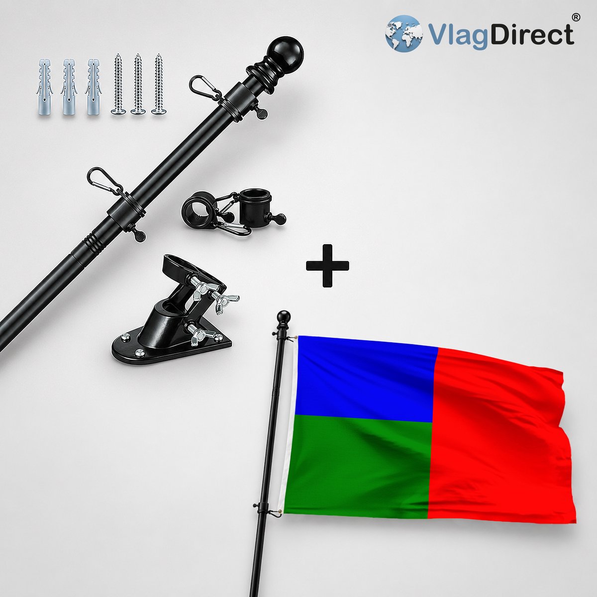VlagDirect - Compleet vlaggenpakket - Zwarte vlaggenstok inclusief vlaggenstokhouder + Oudergemse vlag - Gemeente Oudergem vlag - 90 x 150 cm.