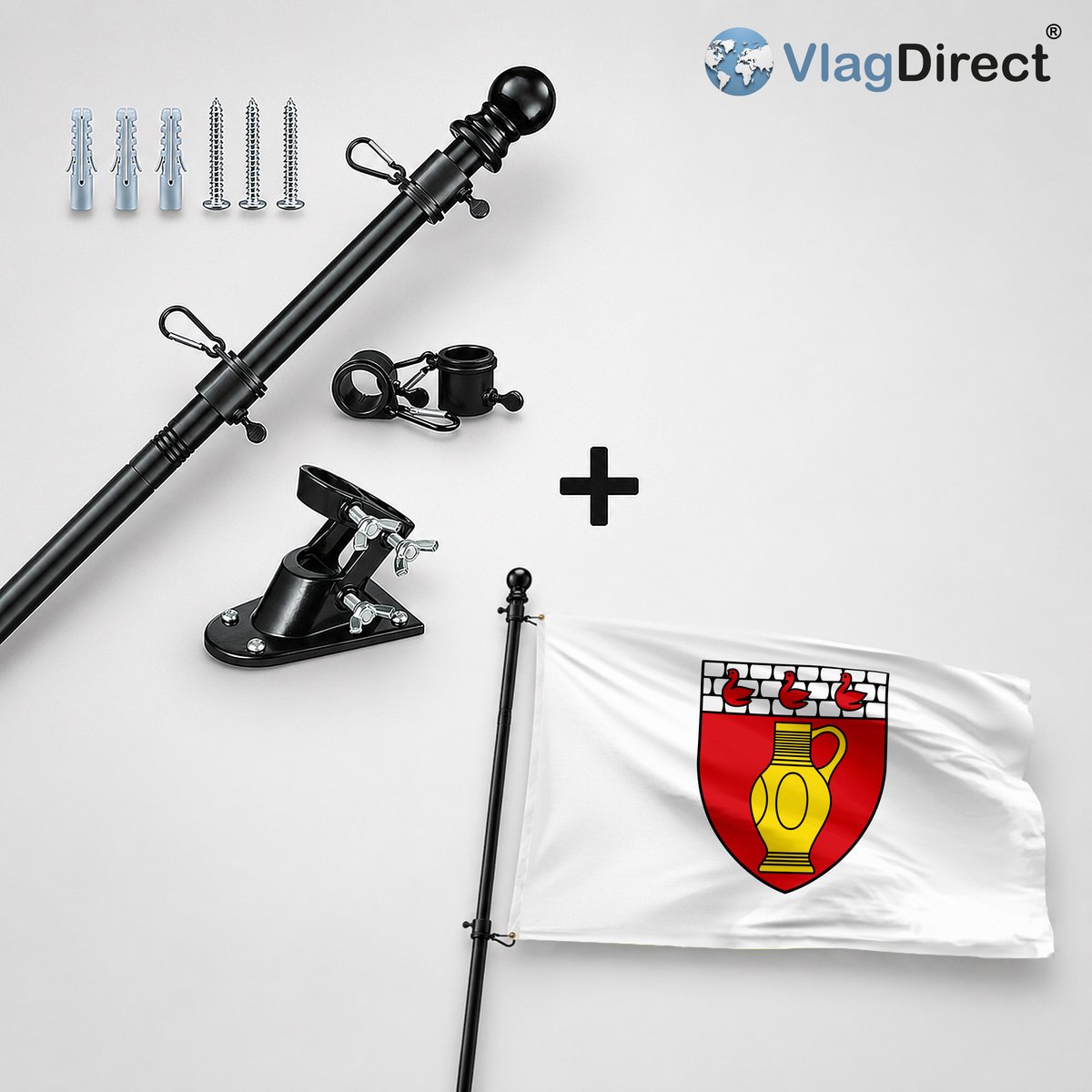 VlagDirect - Compleet vlaggenpakket - Zwarte vlaggenstok inclusief vlaggenstokhouder + Raerense vlag - Gemeente Raeren vlag - 90 x 150 cm.