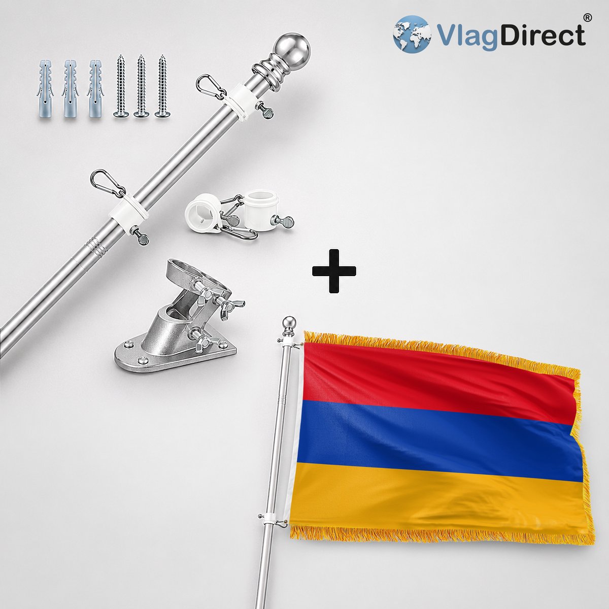 VlagDirect - Compleet vlaggenpakket - Zilveren vlaggenstok inclusief vlaggenstokhouder + Luxe Armeense vlag - Luxe Armenië vlag - 90 x 150 cm.