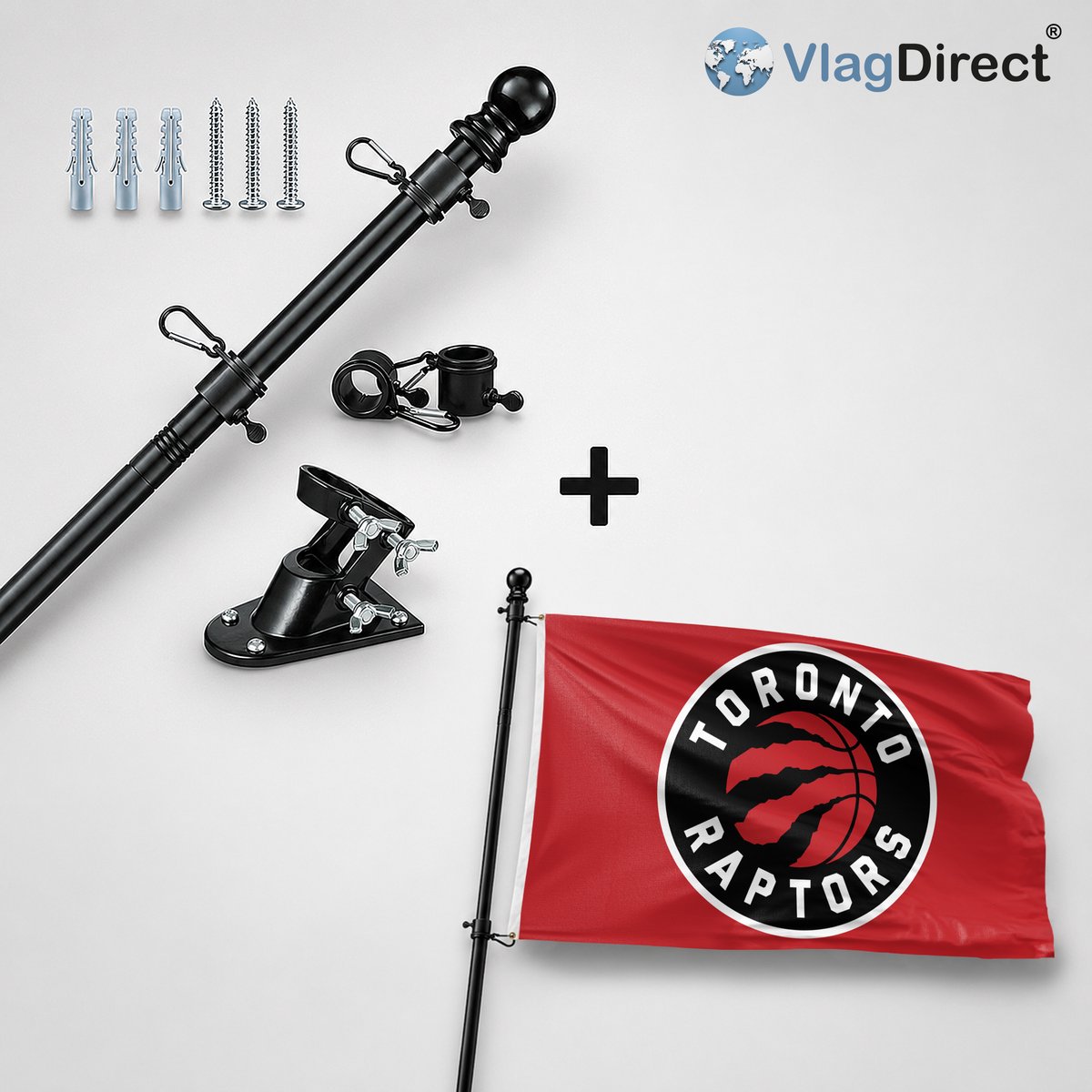 VlagDirect - Compleet vlaggenpakket - Zwarte vlaggenstok inclusief vlaggenstokhouder + Toronto Raptors vlag - Toronto Raptors basketbalteam vlag - 90 x 150 cm.
